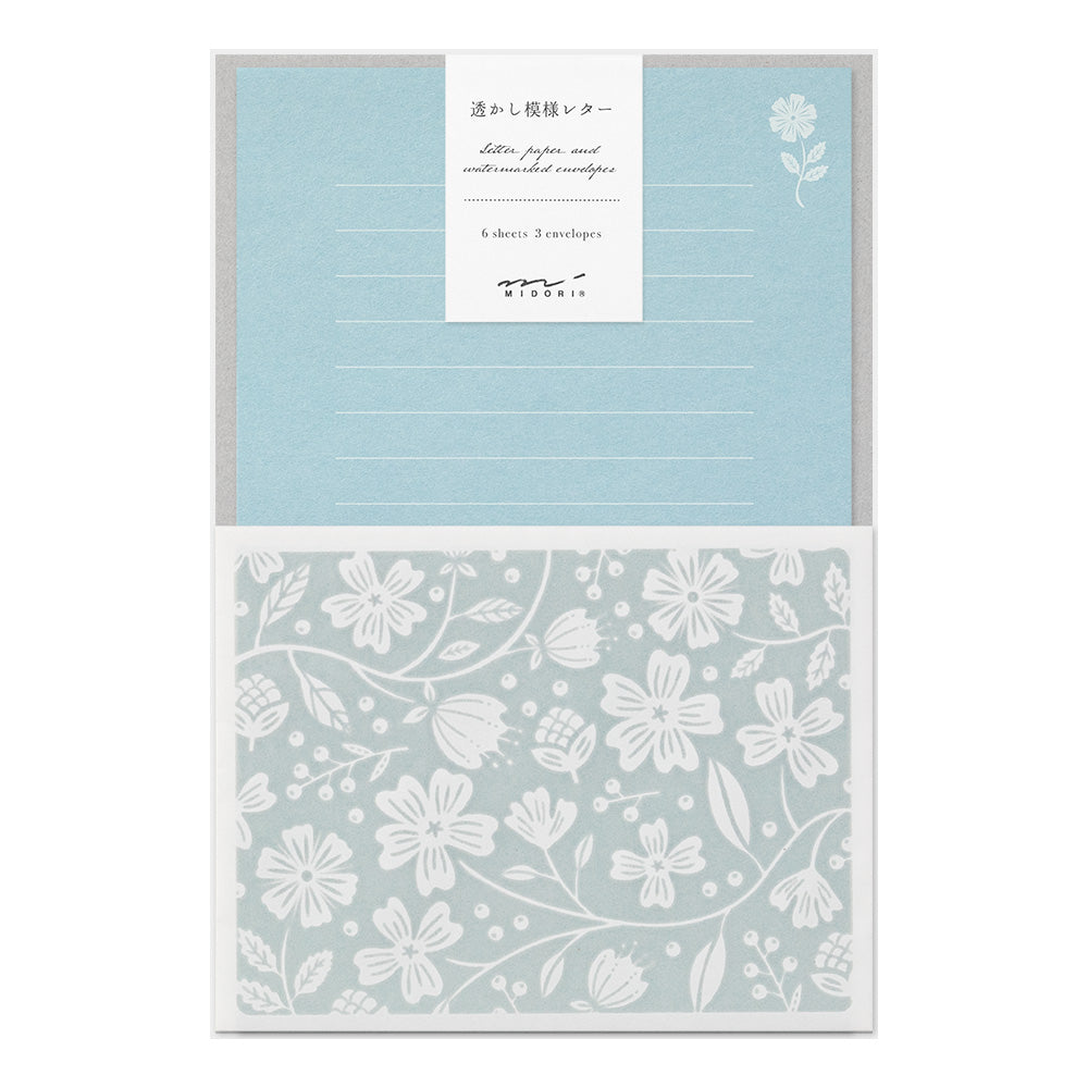 Set papiers et enveloppes en filigrane fleurs bleu